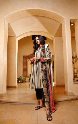 Beige With Black 2 PCs Khaddar Printed